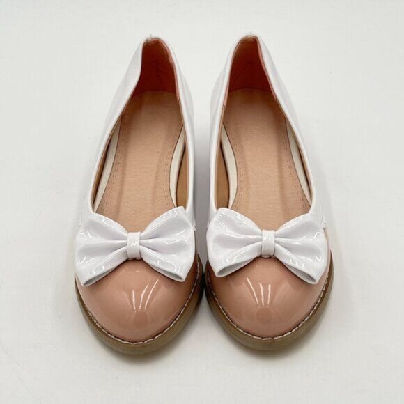 White And Beige Pointed Toe Pumps Bow Chunky Low Heels Slip on Comfy Dressy Shoe - Picture 2 of 7